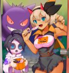  1boy 1girl :&gt; ahoge allister_(pokemon) alternate_costume bangs bea_(pokemon) black_hair black_nails blue_eyes blush breasts candy capelet commentary_request dark_skin door doorknob fake_horns fang food gen_1_pokemon gengar gloves gym_leader hairband halloween hands_up highres holding horns katwo lollipop looking_at_viewer mask nail_polish open_mouth orange_capelet poke_ball pokemon pokemon_(creature) pokemon_(game) pokemon_swsh pumpkin_print short_hair shorts smile suspenders teeth violet_eyes 