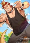  1boy armpit_peek baggy_clothes bara bare_shoulders black_tank_top bowser bracelet chest collar cowboy_shot crocodilian_tail crown facial_hair forked_eyebrows grey_pants gumroad_username humanization jewelry kienbiu king_koopa male_focus muscle orange_hair pants patreon_username paw_pose sharp_teeth short_hair sideburns solo spiked_bracelet spiked_collar spikes spread_legs stubble tank_top teeth the_super_mario_bros._super_show! thick_thighs thighs twitter_username 