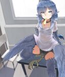  absurdres animal_ears bird_ears bird_legs bird_tail bird_wings blue_feathers blue_hair blue_wings blurry bra chair choker depth_of_field desk eyebrows_visible_through_hair feathered_wings feathers food food_in_mouth grey_eyes harpy highres monster_girl mouth_hold original popsicle rnd.jpg shirt short_shorts shorts talons underwear wet wet_clothes wet_shirt winged_arms wings 