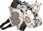  1girl animal_ear_fluff animal_ears arknights asakawa_(outeq) bangs bead_necklace beads black_cape black_footwear boots braid breasts cape character_name dress fur-trimmed_boots fur_trim gradient_hair grey_eyes grey_hair grey_legwear head_chain highres holding holding_tail jewelry large_breasts leopard_ears leopard_tail long_hair long_sleeves multicolored_hair necklace parted_lips pouch pramanix_(arknights) side_braids simple_background sitting solo tail thigh-highs thighs turtleneck turtleneck_dress white_background 