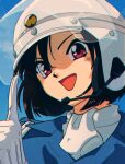  1girl alternate_costume ascot blue_shirt blue_sky brown_hair clouds cosplay gloves helmet microphone motorcycle_helmet nakajima_ken nakajima_ken_(cosplay) nzeneee red_eyes shirt short_hair sky smile solo taiho_shichauzo tsujimoto_natsumi white_ascot white_gloves 