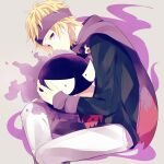 1boy achiki black_sweater blonde_hair closed_mouth commentary_request gastly gen_1_pokemon headband highres holding holding_pokemon long_sleeves looking_at_viewer male_focus morty_(pokemon) pants pokemon pokemon_(creature) pokemon_(game) pokemon_hgss purple_headband purple_scarf ribbed_sweater scarf sitting sweater violet_eyes white_pants 