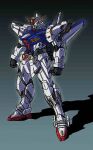  atsuurashi blue_eyes clenched_hands glowing glowing_eyes gradient gradient_background gundam highres looking_ahead mecha no_humans original shadow solo standing v-fin 
