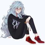  1girl artist_name bangs black_clothes black_pants black_shirt blue_hair boku_no_hero_academia closed_mouth collarbone collarless_shirt curly_hair full_body genderswap genderswap_(mtf) hair_between_eyes highres lavelis long_hair long_sleeves looking_at_viewer mole mole_under_mouth nail_polish pants red_eyes red_footwear red_nails scar shigaraki_tomura shirt shoelaces shoes simple_background sitting sneakers solo white_background 