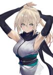  1girl absurdres arm_guards bangs black_bow black_scarf blush bow breasts fate/grand_order fate_(series) highres japanese_clothes jikatarou kimono koha-ace large_breasts looking_at_viewer okita_souji_(fate) okita_souji_(fate)_(all) scarf short_hair short_kimono simple_background sleeveless sleeveless_kimono smile white_kimono 