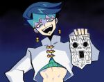  1boy black_background blue_background denaseey diamond_wa_kudakenai earrings english_text gradient gradient_background green_eyes green_hair headband holding jewelry jojo_no_kimyou_na_bouken kishibe_rohan long_sleeves looking_at_viewer midriff open_mouth short_hair smile solo upper_body 