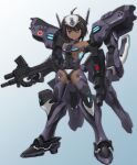  1girl breasts brown_hair cosplay cowlick dark_skin dual_wielding gun holding holding_gun holding_weapon looking_at_viewer mecha_musume muvluv muvluv_alternative muvluv_total_eclipse sidehiwinder small_breasts smile solo standing tarisa_manandal type_94_shiranui type_94_shiranui_(cosplay) under_boob violet_eyes weapon 