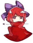  1girl bow cape cropped_torso dotted_line hair_bow high_collar hiroshige_36 looking_at_viewer purple_bow red_eyes redhead scissors sekibanki short_hair simple_background solo touhou upper_body white_background 