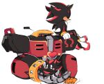  ... 1boy 1other :&gt; animal_nose arm_support black_fur blush chao_(sonic) closed_eyes closed_mouth e-123_omega english_commentary flying_sweatdrops furry gloves heart hedgehog hedgehog_tail hug joints motobug red_fur robot robot_joints shadow_the_hedgehog simple_background sitting sonic_the_hedgehog spoken_ellipsis sweat two-tone_fur white_background 