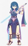  1girl aqua_hair arm_up armlet blue_eyes bracelet byleth_(fire_emblem) byleth_eisner_(female) denaseey eyebrows_visible_through_hair fire_emblem fire_emblem:_three_houses hair_between_eyes highres holding holding_sword holding_weapon jewelry looking_at_viewer sandals simple_background solo sword weapon white_background 