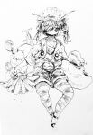  1other androgynous antennae closed_mouth duster greyscale hair_over_one_eye holding looking_at_viewer monochrome one_eye_covered original overalls pantyhose sack shima_(wansyon144) short_hair simple_background sitting solo striped striped_legwear white_background 