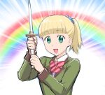  1girl blonde_hair breasts character_request green_eyes looking_at_viewer medium_hair open_mouth ponytail smile solo sword ueyama_michirou weapon 
