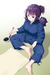  1girl barefoot blank_page blue_eyes breasts calligraphy_brush fate/grand_order fate_(series) highres ink japanese_clothes katsushika_hokusai_(fate/grand_order) kimono large_breasts onsoku_inu paintbrush paper purple_hair sitting tokitarou_(fate/grand_order) 