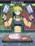  1girl bangs blonde_hair blue_eyes butcher butcher_knife cutting_board denaseey dorohedoro food highres holding holding_knife knife long_hair looking_at_viewer meat muscle muscular_female navel nikaidou_(dorohedoro) open_mouth smile solo upper_body 