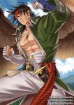  1boy abs bandaged_arm bandages bara bare_chest chest coat cowboy_shot facial_scar feather_necklace feathered_wings fire_emblem green_coat gumroad_username headband kienbiu male_focus muscle nipple_slip nipples open_clothes open_coat pants patreon_username pointy_ears scar short_hair sideburns solo spread_legs thick_thighs thighs tibarn_(fire_emblem) twitter_username white_pants wings yellow_eyes 