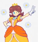  1girl arm_up blue_eyes blush brown_hair cowboy_shot crown daisy denaseey dress eyebrows_visible_through_hair flower gloves long_hair super_mario_bros. one_eye_closed orange_dress princess_daisy puffy_short_sleeves puffy_sleeves short_sleeves solo v white_background white_flower white_gloves 