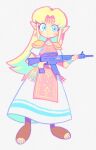  1girl aqua_eyes armor bangs blonde_hair denaseey dress earrings full_body gun holding holding_gun holding_weapon jewelry long_hair looking_at_viewer parted_bangs pauldrons pointy_ears princess_zelda shoulder_armor simple_background solo standing the_legend_of_zelda triforce weapon white_background white_dress 
