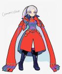  1girl armor black_footwear blue_eyes boots commission denaseey dress edelgard_von_hresvelg english_text eyeshadow fire_emblem fire_emblem:_three_houses fire_emblem:_three_houses fire_emblem_16 full_body gloves grey_hair heart highres index_finger_raised intelligent_systems long_hair makeup nintendo red_dress red_gloves simple_background solo standing timeskip white_background young_adult 
