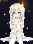  1girl black_background blush breasts candle candle_wax dot_nose fire grey_eyes grey_hair grey_sclera grey_skin highres kixyuresu knees_together_feet_apart long_hair looking_at_viewer monster_girl navel open_mouth original personification sitting slime_girl small_breasts solo twitter_username wax 