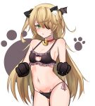  1girl animal_ears bell bell_collar black_bra black_panties blonde_hair blush bra breasts cat_cutout cat_ears cat_lingerie cat_paws cleavage_cutout clothing_cutout collar cowboy_shot fake_animal_ears fischl_(genshin_impact) genshin_impact green_eyes highres jingle_bell long_hair looking_at_viewer meme_attire navel panties paw_print paws pengrani small_breasts two_side_up underwear underwear_only 