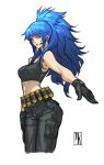  1girl bangs bare_shoulders belt black_gloves black_tank_top blue_eyes blue_hair earrings gas_can gloves headset high_ponytail jackie_kaisami jewelry leona_heidern long_hair midriff pants ponytail profile serious signature tank_top the_king_of_fighters the_king_of_fighters_xiii triangle_earrings 