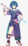  1boy aqua_hair bangs blue_eyes byleth_(fire_emblem) byleth_eisner_(male) denaseey fire_emblem fire_emblem:_three_houses hand_on_hip highres holding holding_sword holding_weapon looking_at_viewer sandals short_hair short_sleeves simple_background solo sword weapon white_background 