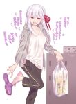  1girl alternate_costume ankle_socks bag black_pants fate/grand_order fate_(series) grey_hoodie grocery_bag hood hoodie kama_(fate/grand_order) mitsurugi_sugar open_clothes open_hoodie pants plastic_bag ribbon shopping_bag silver_hair solo track_pants translation_request violet_eyes 