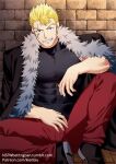  1boy bara black_jacket blonde_hair chest covered_abs elbow_rest fairy_tail feet_out_of_frame fur-trimmed_jacket fur_trim jacket kienbiu laxus_dreyar leg_up male_focus muscle pants patreon_username red_pants shirt short_hair solo spiky_hair taut_clothes taut_shirt 