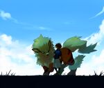  1boy arcanine closed_eyes clouds commentary_request day fur gen_1_pokemon grass jacket male_focus nate_(pokemon) open_mouth outdoors petting pokemon pokemon_(creature) pokemon_(game) pokemon_bw2 sekka_koyori shoes short_sleeves sky smile standing 