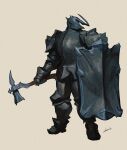  1boy armor artist_name axe beige_background fantasy highres holding holding_axe holding_shield huge_filesize knight looking_to_the_side original shield solo sonech 