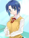  blue_hair ciel face glasses hisaba_iori school_uniform short_hair smile sweater_vest tea tsukihime vest 