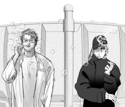  1boy beard beard_stubble casual cigarette commentary_request dsk2686 eva_stratt facial_hair highres jacket korean_commentary messy_hair monochrome project_hail_mary ryland_grace smoking stubble 
