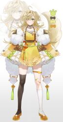  1girl a-pose absurdres ahoge animal_collar asymmetrical_legwear bandaid bandaid_on_knee bandaid_on_leg belt black_thighhighs blonde_hair bon_(bony_53) bone_ornament braid braided_bangs brown_belt cartoon_bone closed_mouth collar color_guide dress earrings feather_boa flats flipped_hair floral_print floral_print_dress flower flower_earrings flower_ornament footwear_flower full_body green_dress hair_over_one_eye hairband highres jewelry kneehighs korean_clothes legs_apart long_sleeves looking_at_viewer mismatched_legwear multicolored_dress orange_shoes original paw_print petticoat plaid_clothes plaid_dress print_dress rope_belt shoes simple_background sleeves_past_wrists socks solo spiked_collar spikes standing tassel thigh-highs thighlet two_side_up uneven_legwear white_background white_dress white_socks yellow_dress yellow_flower yellow_hairband zoom_layer 