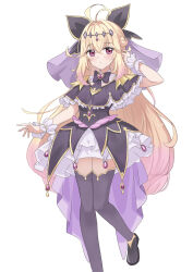  1girl absurdres animal_ears antenna_hair black_bow black_dress black_nails black_necktie blonde_hair blush bow braid brooch cat_ears cat_girl commentary_request cure_arcana_shadow dress earrings gloves gradient_hair hair_between_eyes hair_intakes hair_ornament half_up_braid heart heart_brooch highres jewelry jim6581156 long_hair looking_at_viewer magical_girl meitantei_precure! moria_luluka multicolored_hair necktie parted_lips pink_eyes pink_hair precure purple_veil simple_background solo veil white_background white_gloves 