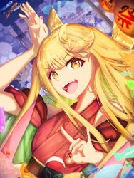  1girl animal_ears arm_up blonde_hair brown_eyes cho_kaguya-hime! clothing_cutout commentary_request crescent crescent_hair_ornament fang fish fox_shadow_puppet hair_ornament highres japanese_clothes kaguya_(cho_kaguya-hime!) kimono koinobori lantern linghg_ling long_hair looking_at_viewer nail_polish open_mouth pink_nails rabbit_ears rabbit_girl red_kimono shoulder_cutout sidelocks solo teeth upper_teeth_only windsock 