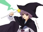  brown_eyes cape hat nagato_yuki purple_hair school_uniform suzumiya_haruhi_no_yuuutsu tetsuo wand witch_hat 