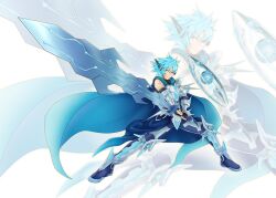  1boy absurdres arm_armor arm_markings armor auram_(yu-gi-oh!) black_gloves blue_boots blue_cape blue_eyes blue_hair blue_pants blue_trim body_markings boots breastplate cape cyber_fashion duel_monster facial_mark facing_to_the_side fighting_stance fingerless_gloves floating floating_object floating_weapon full_body gauntlets gloves goldred greatsword grey_armor headphones highres holding holding_sword holding_weapon huge_weapon leg_armor looking_to_the_side male_focus mekk-knight_crusadia_avramax pants poleyn single_bare_shoulder single_shoulder_pad spiky_hair spread_legs sword weapon white_background wide_spread_legs wind yu-gi-oh! zoom_layer 