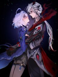  2girls arlecchino_(genshin_impact) black_hands black_streaks blue_pupils colored_extremities fatui_coat furina_(genshin_impact) genshin_impact highres mihoyo multicolored_hair multiple_girls red_pupils streaked_hair symbol-shaped_pupils tsukuyo_90929 white_hair x-shaped_pupils 