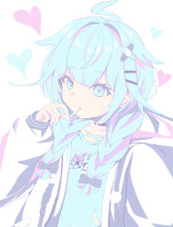 1girl absurdres ahoge black_choker blue_eyes blue_hair blue_shirt braid candy choker closed_mouth commentary_request food food_in_mouth hair_ornament hand_up heart highres holding holding_candy holding_food holding_lollipop hololive hololive_dev_is jacket kama_boko17 lightning_ahoge lollipop lollipop_in_mouth long_hair mizumiya_su mizumiya_su_(1st_costume) multicolored_hair o-ring o-ring_choker open_clothes open_jacket purple_streaks shirt simple_background solo streaked_hair twin_braids upper_body virtual_youtuber white_background white_jacket 