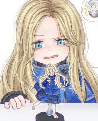  1boy 1girl ? absurdres aqua_eyes artist_name blonde_hair blue_coat character_figure coat commentary diana_(pragmata) english_commentary figure helmet highres hugh_williams long_hair looking_at_object massimo padded_coat parted_lips pragmata space_helmet upper_body 