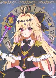  1girl absurdres antenna_hair black_bow black_capelet black_dress blonde_hair blush bow brooch capelet commentary_request cure_arcana_shadow diamond_hairband dress earrings frilled_capelet frills gradient_hair hair_between_eyes hair_bow hair_intakes heart heart_brooch highres jewelry long_hair looking_at_viewer magical_girl meitantei_precure! moria_luluka multicolored_hair pink_eyes precure purple_veil roman_numeral shironeko_yuuki solo tear_arcana_rod veil very_long_hair wrist_cuffs 