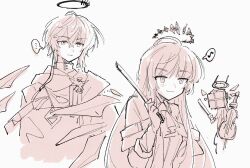  ... ahoge arknights black_halo bow_(music) broken_halo cello collared_jacket commentary cousins cube_of_the_law_(arknights) dark_halo detached_wings earpiece ebi_(pebikyoukai) executor_(arknights) executor_the_ex_foedere_(arknights) gloves halo holding holding_bow_(music) holding_instrument instrument jacket layered_sleeves long_hair long_sleeves monochrome musical_note scarf short-sleeved_jacket short_hair short_over_long_sleeves short_sleeves sketch spoken_ellipsis spoken_musical_note translation_request virtuosa_(arknights) white_background wing_collar wings 