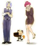  1boy 1girl artist_request blue_hair closed_eyes disguise earrings facial_hair formal glasses jewelry kojirou_(pokemon) meowth musashi_(pokemon) mustache pokemon pokemon_(anime) pokemon_(creature) red_hair simple_background skirt_suit source_request suit team_rocket white_background 