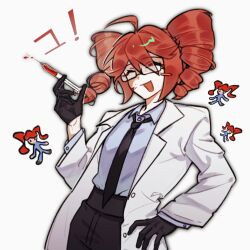  1girl :d blood blood_on_face coat collared_shirt commentary_request doctor drill_hair glasses gloves hand_on_own_hip igaku_(utau) jugengo kasane_teto lab_coat necktie open_clothes open_coat red_hair shirt smile syringe twin_drills utau white_coat 
