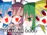  4girls antennae blue_hair bow cirno column_lineup cut-in disgaea fang green_eyes green_hair hair_bow ke-su multiple_girls mystia_lorelei open_mouth parody purple_hair red_eyes rumia team_9 touhou wriggle_nightbug yellow_eyes ⑨ 