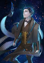  1boy blue_hair bow bowtie corset fate/grand_order fate_(series) feet_out_of_frame formal_clothes game_cg gloves green_eyes hair_slicked_back highres jacket long_sleeves male_focus official_art pants sherlock_holmes_(fate) shirt short_hair smile solo spoilers thigh_strap third-party_source yamanaka_kotetsu 