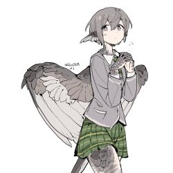  1girl animal_ears bang_dream! bang_dream!_it's_mygo!!!!! bird_ears bird_tail bird_wings chinese_commentary closed_mouth collared_shirt commentary_request cowboy_shot feathered_wings green_necktie green_skirt grey_feathers grey_hair grey_jacket guagua977 hands_up haneoka_school_uniform harpy head_wings jacket long_sleeves looking_at_viewer monster_girl monsterification necktie own_hands_together plaid_clothes plaid_skirt pleated_skirt school_uniform shirt short_hair simple_background skirt solo standing tail takamatsu_tomori white_background wings 