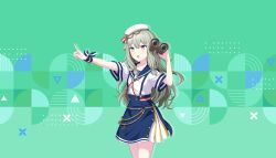  1girl :o beret binoculars blue_skirt colorful_palette funade_no_mae_no_one_day_trip_(project_sekai) game_cg green_hair hair_between_eyes hat highres holding holding_binoculars kusanagi_nene long_hair low-tied_sidelocks official_alternate_costume official_art project_sekai shirt sidelocks skirt solo suspender_skirt suspenders third-party_source triangle violet_eyes white_hat white_shirt 