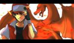  1boy :| baseball_cap black_eyes black_hair cap charizard dragon fire hand_on_hat hat letterboxed pokemon pokemon_(creature) pokemon_(game) pokemon_special pokemon_trainer red_(pokemon) taoru_(t_kiji) 