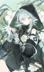  1girl ahoge arknights bare_legs black_dress black_leotard black_sleeves blurry blurry_foreground commentary detached_sleeves dress flower gloves green_background grey_gloves grey_hair highres hooded_dress leaf leotard looking_to_the_side makotoinu partially_fingerless_gloves plant pointy_ears short_hair simple_background solo tomimi_(arknights) white_flower yellow_eyes 
